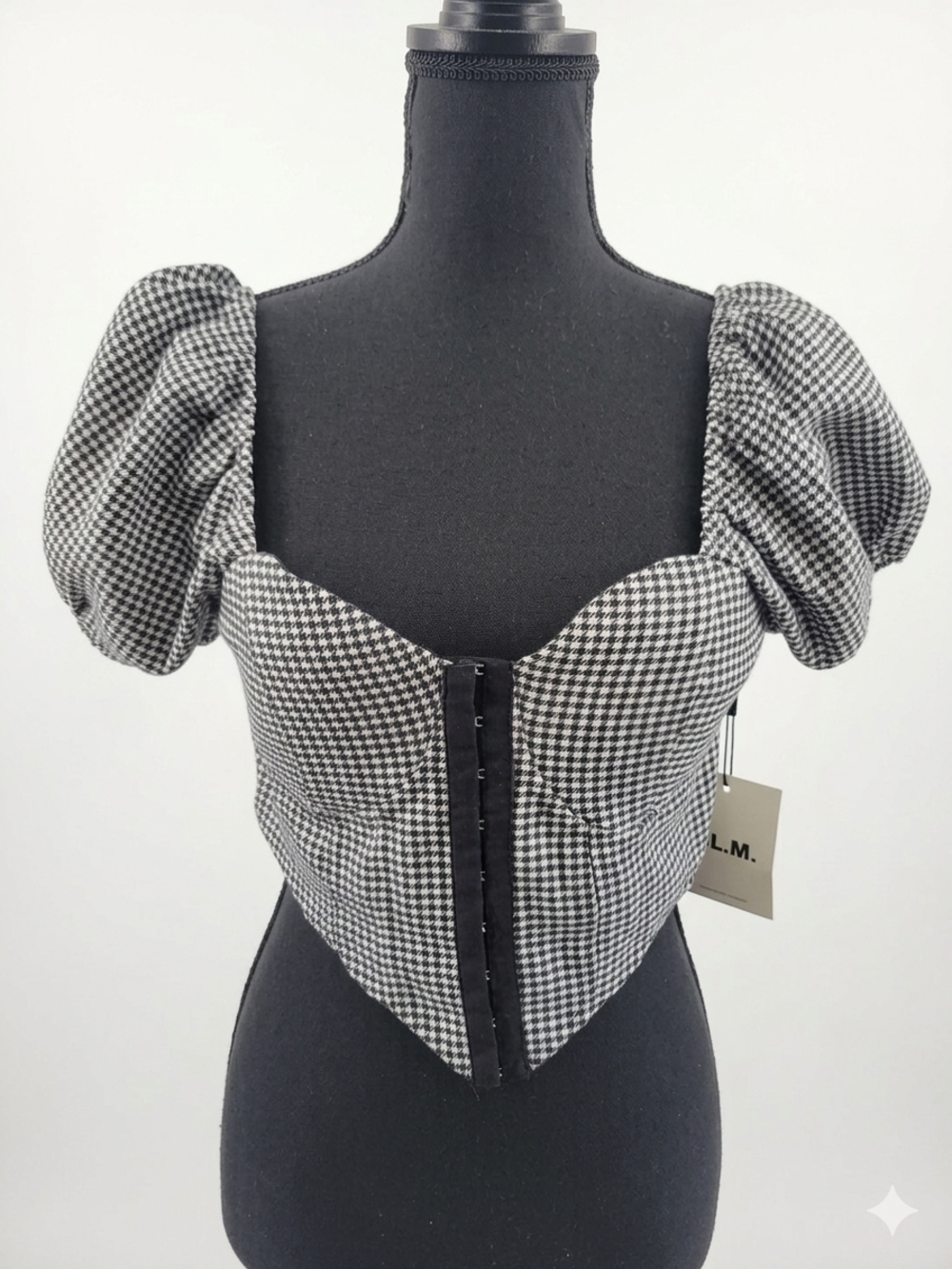 Houndstooth Puff Sleeve Crop Top - Black & White